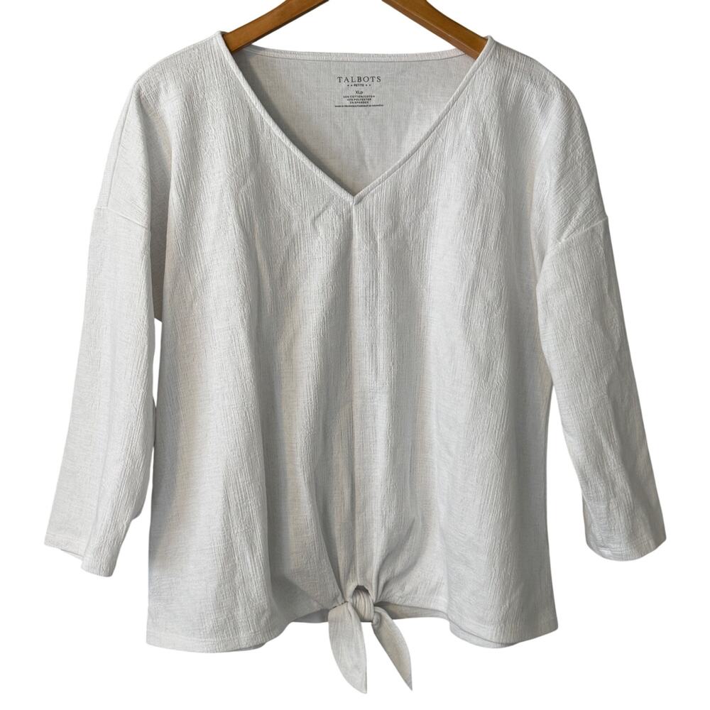 Talbots Textured V-Neck Tie Front Hem White Shirt Blouse Womens size XL Petite